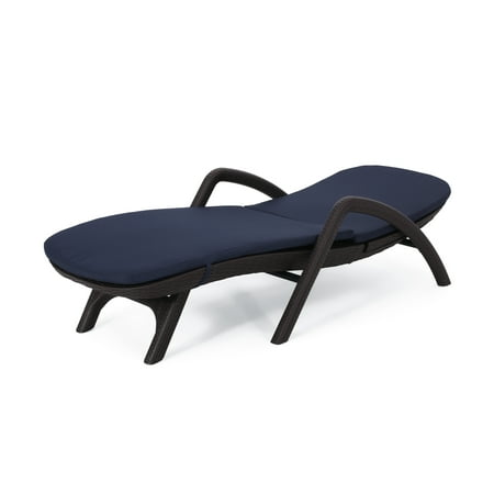 Noble House Primrose Cushioned Wicker Outdoor Chaise Lounge - Navy Blue/Dark Brown