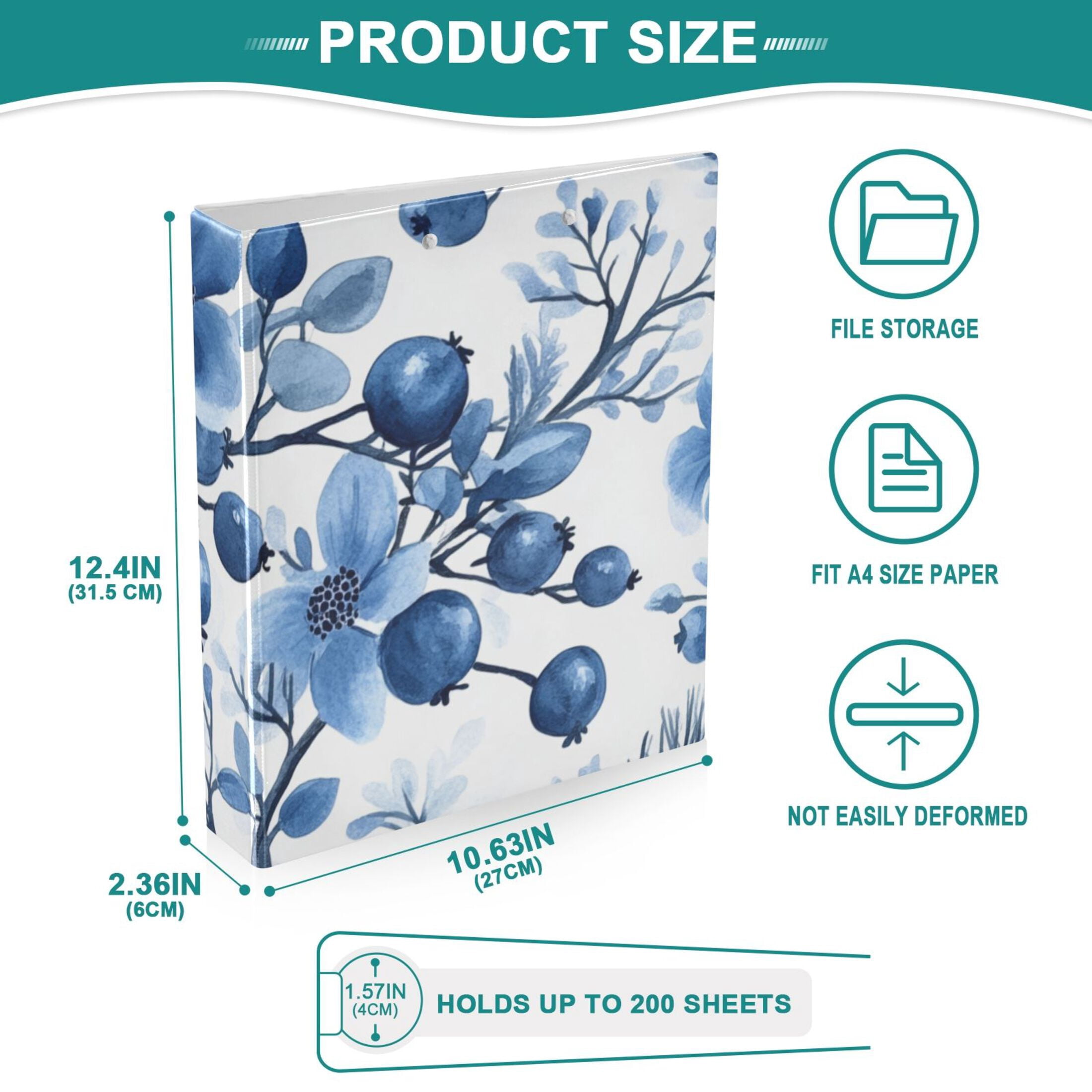 Floral Blueberries Flowers 3 Ring Binders 1.5 inch Hardcover File Folders with Interior Pockets A4 Size Organizer for School Office Hospital