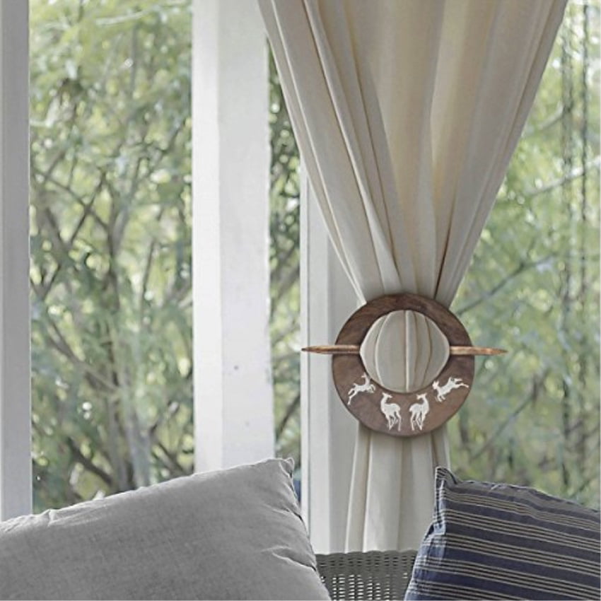 Silver Window Treatment Curtain Drapery Wood/Tassel Doubel Cord TieBack Holdback 