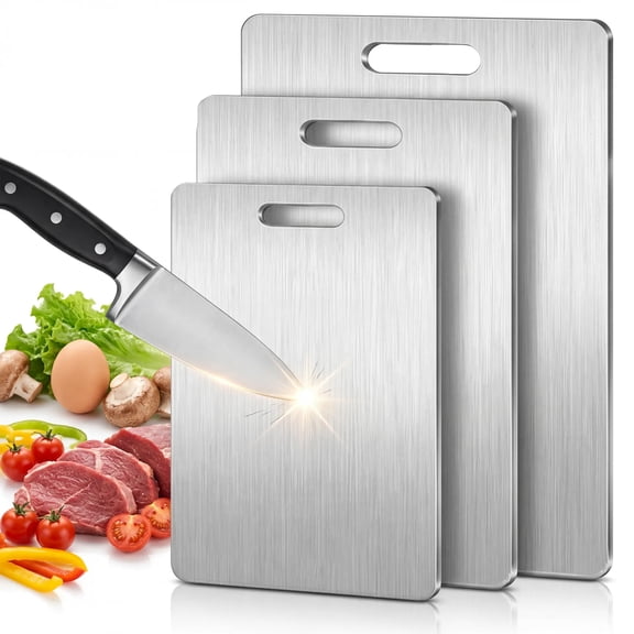 3-Piece Stainless Steel Cutting Board Set, 304 Food Grade Metal Chopping Boards, Dual-Sided Kitchen Cutting Board for Meat, Vegetables, Fruit and Dough, Silver