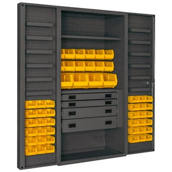 14 Gauge 12 Door Shelves Lockable Cabinet with 52 Yellow Hook on Bins & 1 Adjustable Shelf & 4 Drawers, Gray - 36 x 24 x 72 in.