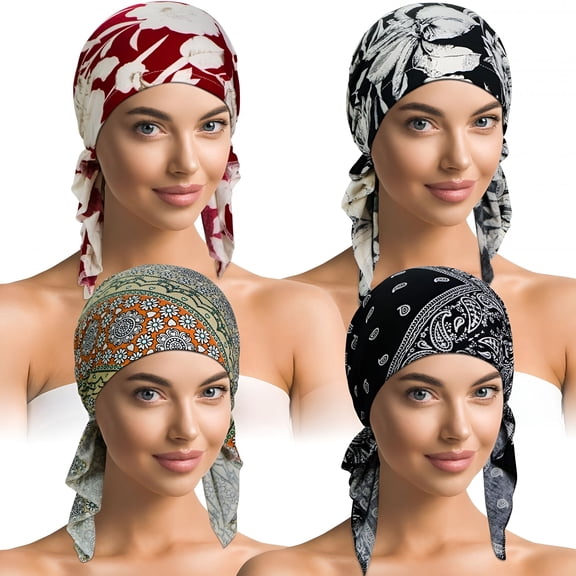 TELOLY 2026 New 4 Pieces Soft Cotton Chemo Headwear for Women, Stretch Pre-Tied Chemo Head Scarves for Cancer for Daily,Indoor,Travel,Casual