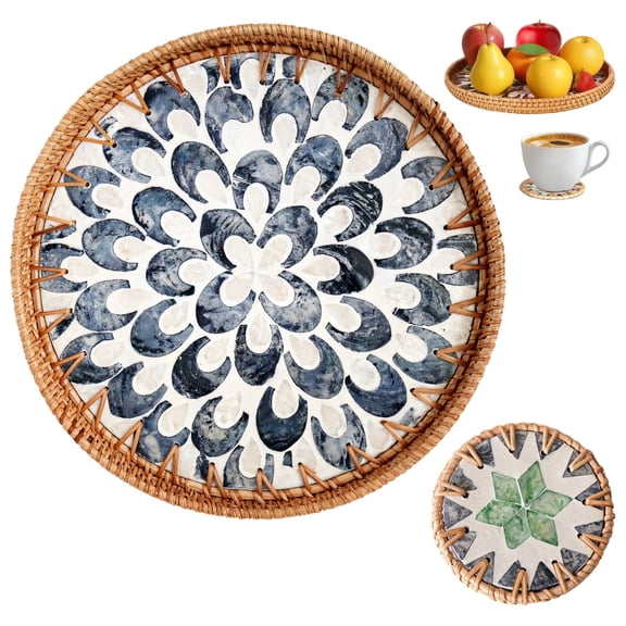 Rattan Shell Tray and Coaster Set, Rattan Serving Tray with Shell, Round Rattan Tray with Mother of Pearl Inlay, Wicker Tray with Natural Shell, Coffee Table Tray Decor, Serving Tray for Bread Fruits