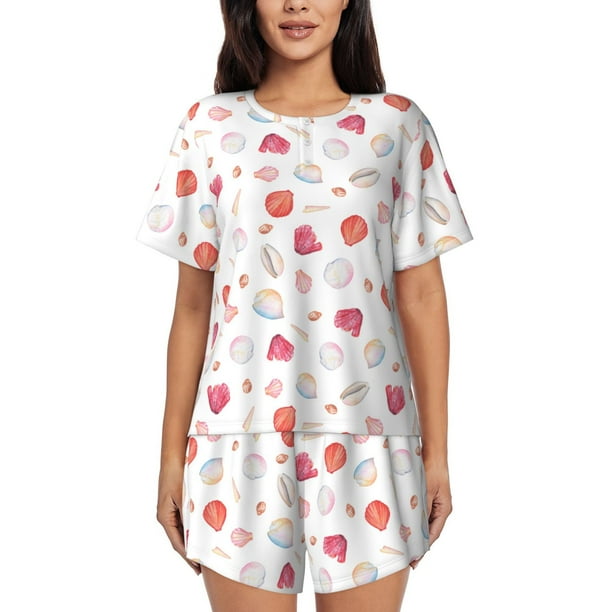 Fotbe Red coral and scallop seashell Conjunto de Pijama Estampado para Mujer, 2 Piezas, Ropa de Dormir con Camiseta de Manga Corta y Shorts Suaves-Large