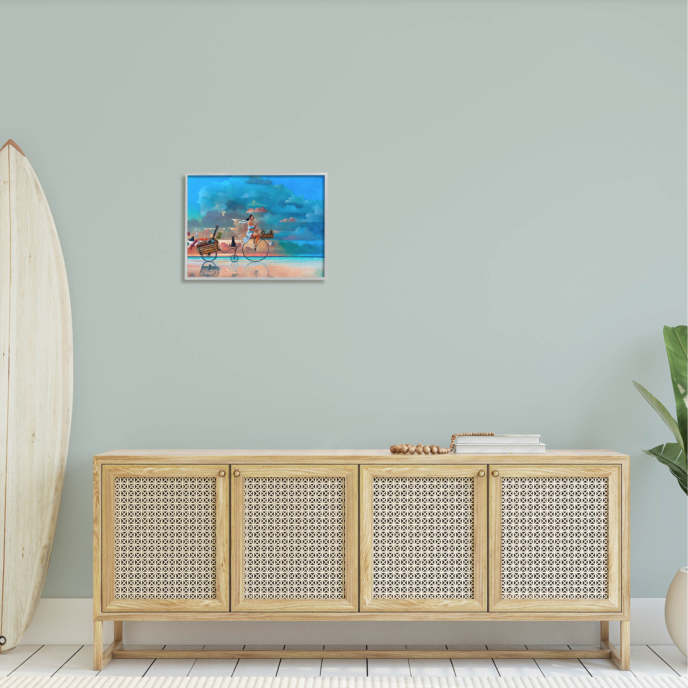 Summer Beach Bike Ride Reflection Coastal Painting Gray Framed Art Print Wall Art