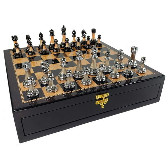 Staunton Chrome  Black Pro Plastic Chess Men Set DK Walnut Color Storage Board