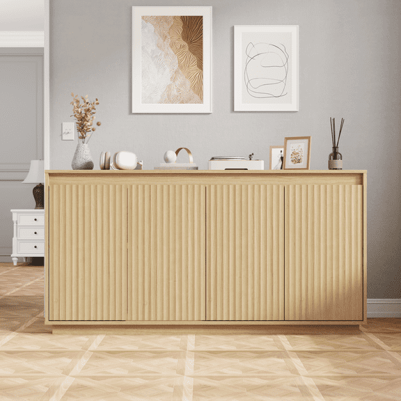 4 Door Sideboard Buffet Cabinet with Power Outlet, Wavy Texture Accent Cabinet with No-Handle Design (Door Top Edge Opening), Freestanding Storage Cabinet for Dining Room Living Room Entryway