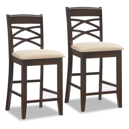 Cross Back Counter Stool Leick Home Wood Double Crossback Counter Height Stool with Beige Microfiber Seat, Set of 2 ()
