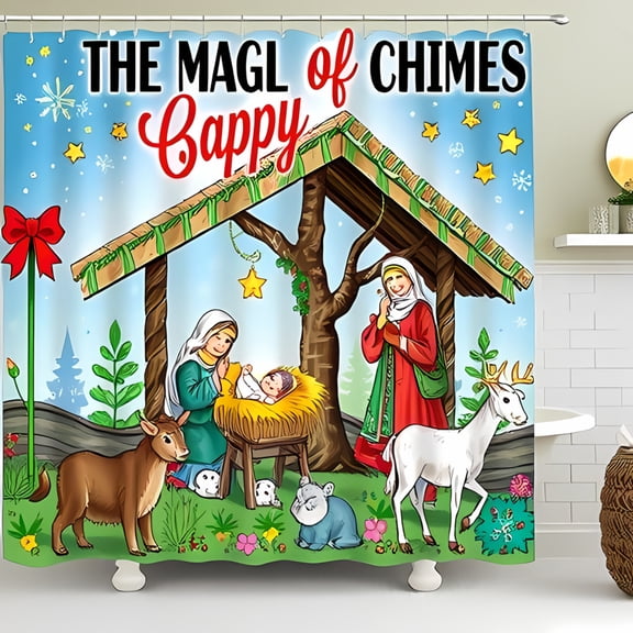 Whimsical Christmas Shower Curtain - Nativity Scene with Cartoon & Festive Colors - "The Magl of Chimes Cappy"
