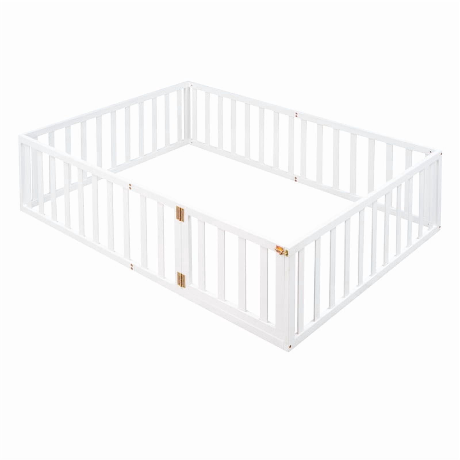 Full Size Floor Bed Platform Bed with Fence and Door, Wooden Montessori Bed Toddler Bed Kids Playhouse Bed with Guardrails for Boys Girls, No Slats