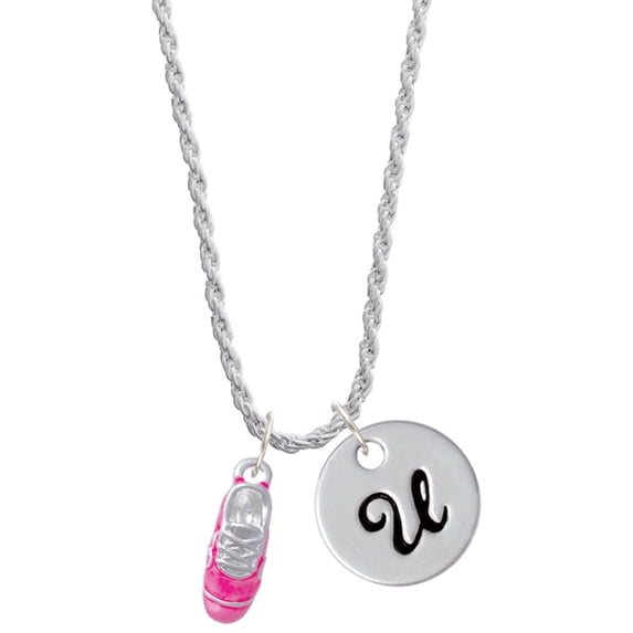 Delight Jewelry Silvertone 3-D Hot Pink Running Shoe Silvertone Script Initial Disc - U - Charm Necklace, 20"+3"