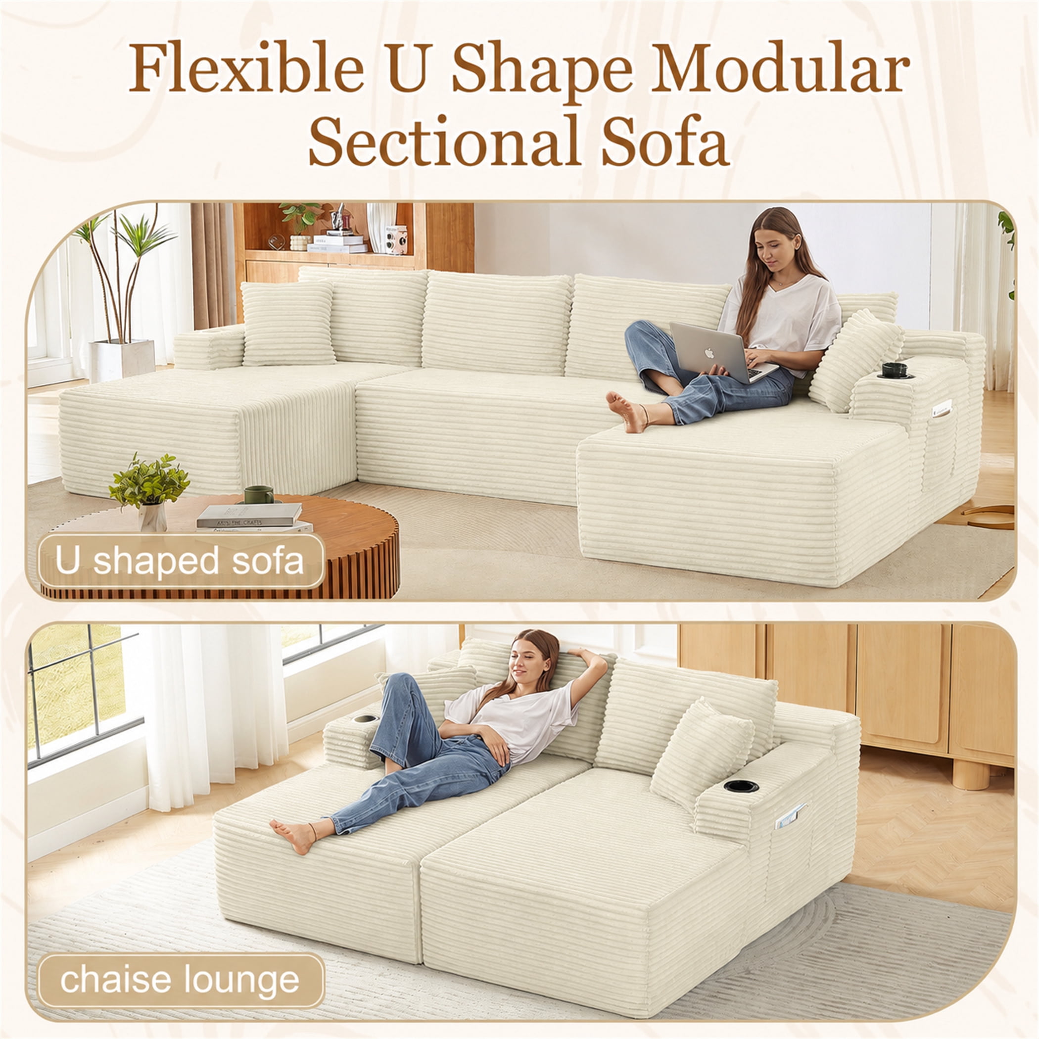 Aukfa 133" Cloud Sectional Sofa Oversized Boneless Couch Modular U-Shaped Couch, Double Chaise Corduroy Sofa for Living Room, White