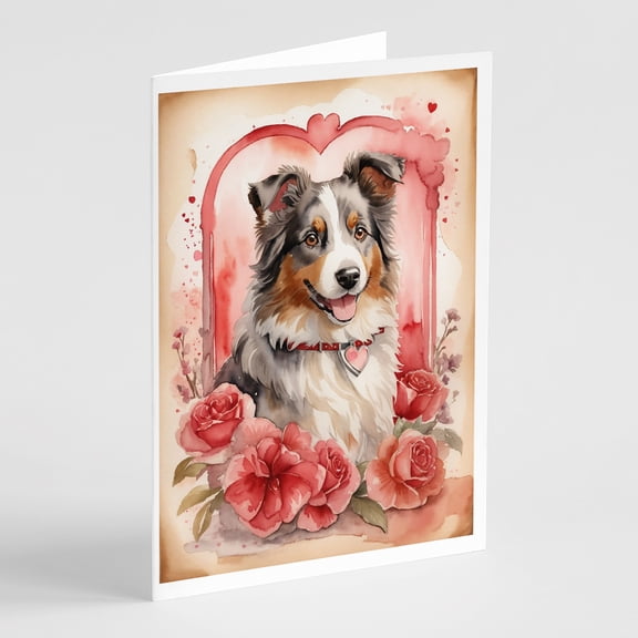 Australian Shepherd Valentine Roses Greeting Cards Pack of 8 7 in x 5 in