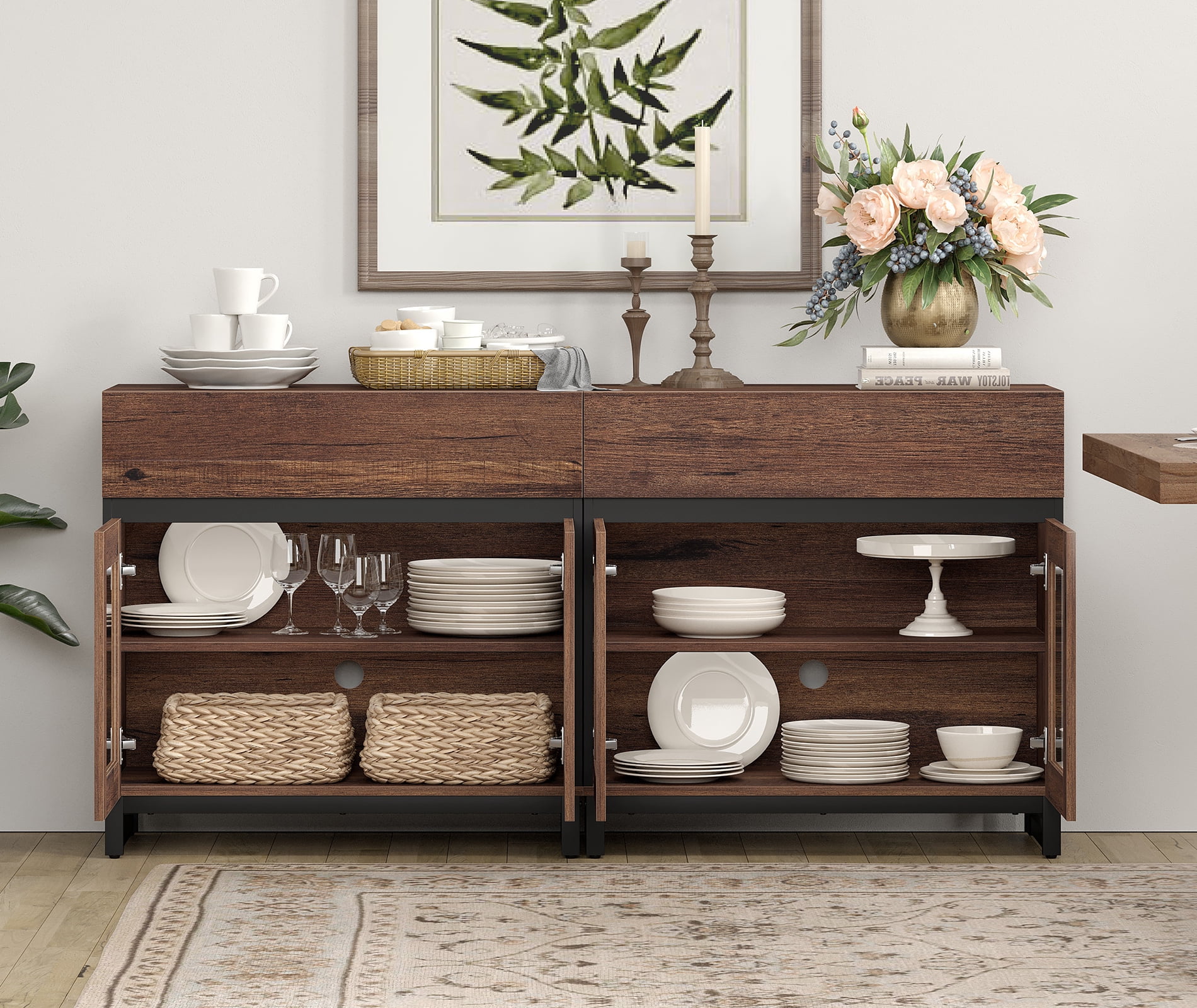 2 in 1 Sideboard with 4 Glass Doors & 2 Drawers, Metal Base, Wood Grain for Living Room, Kitchen，Brown