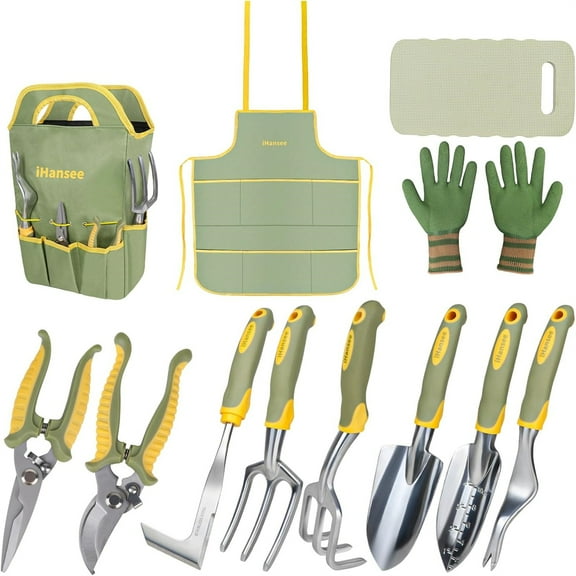 Set of 12 Garden Tool,Heavy-Duty Aluminum Gardening Hand Tools with Rubber Non-Slip Handle, Garden Apron, Gloves, Kneeling Pad and Storage Bag, Garden Hand Tools Starter Kit Landscaping Tools