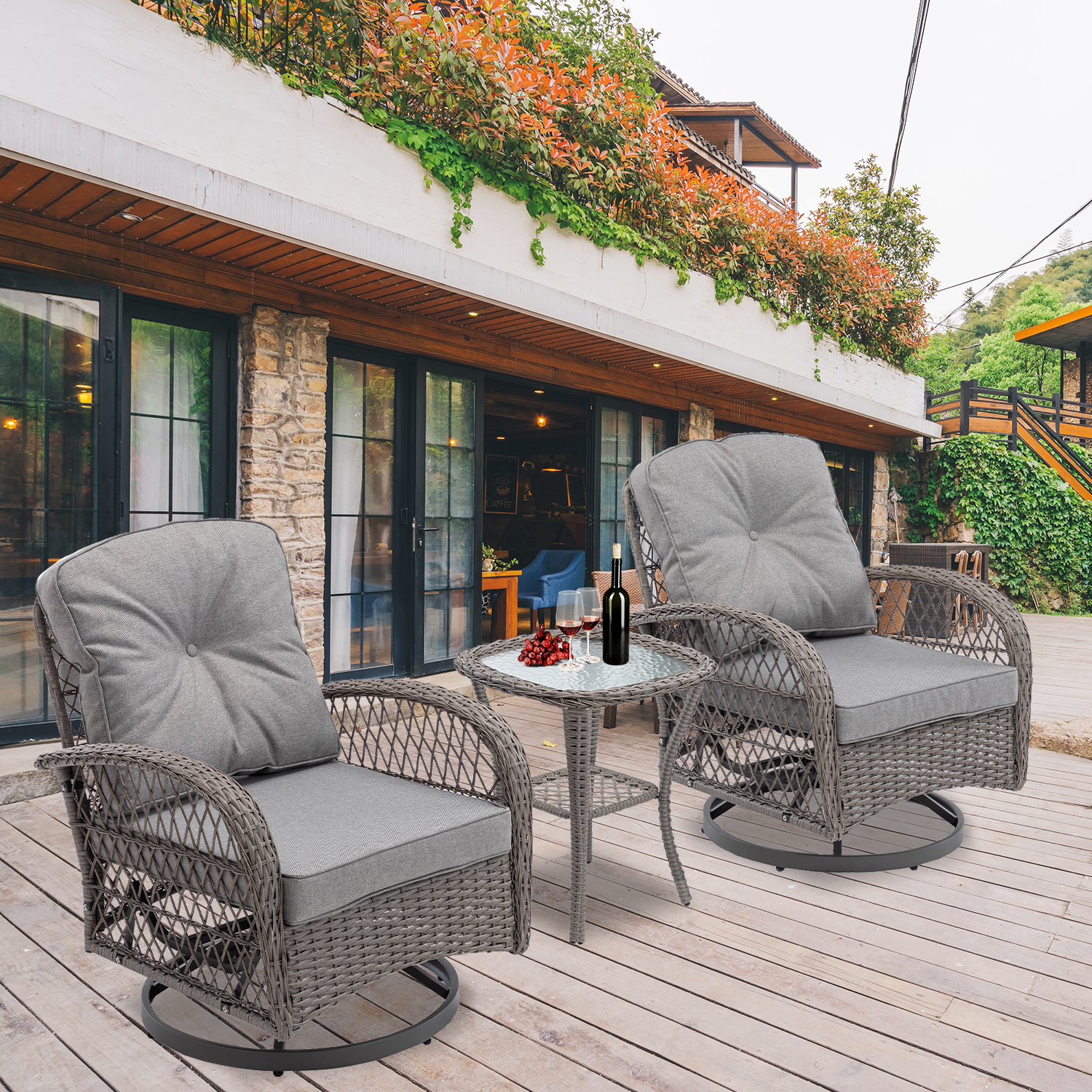 3-Piece Patio Bistro Furniture Set, 360° Patio Rattan Wicker Swivel Rocking Chair Set with Thickened Cushions and Glass Coffee Table, 275 LBS, Grey - image 3 of 10