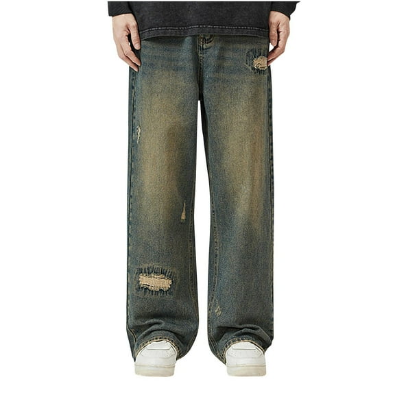 AHTJRT Mens Regular Fit Straight Leg Jeans Y2K Grunge Distressed Denim Pants Style Blue 3XL