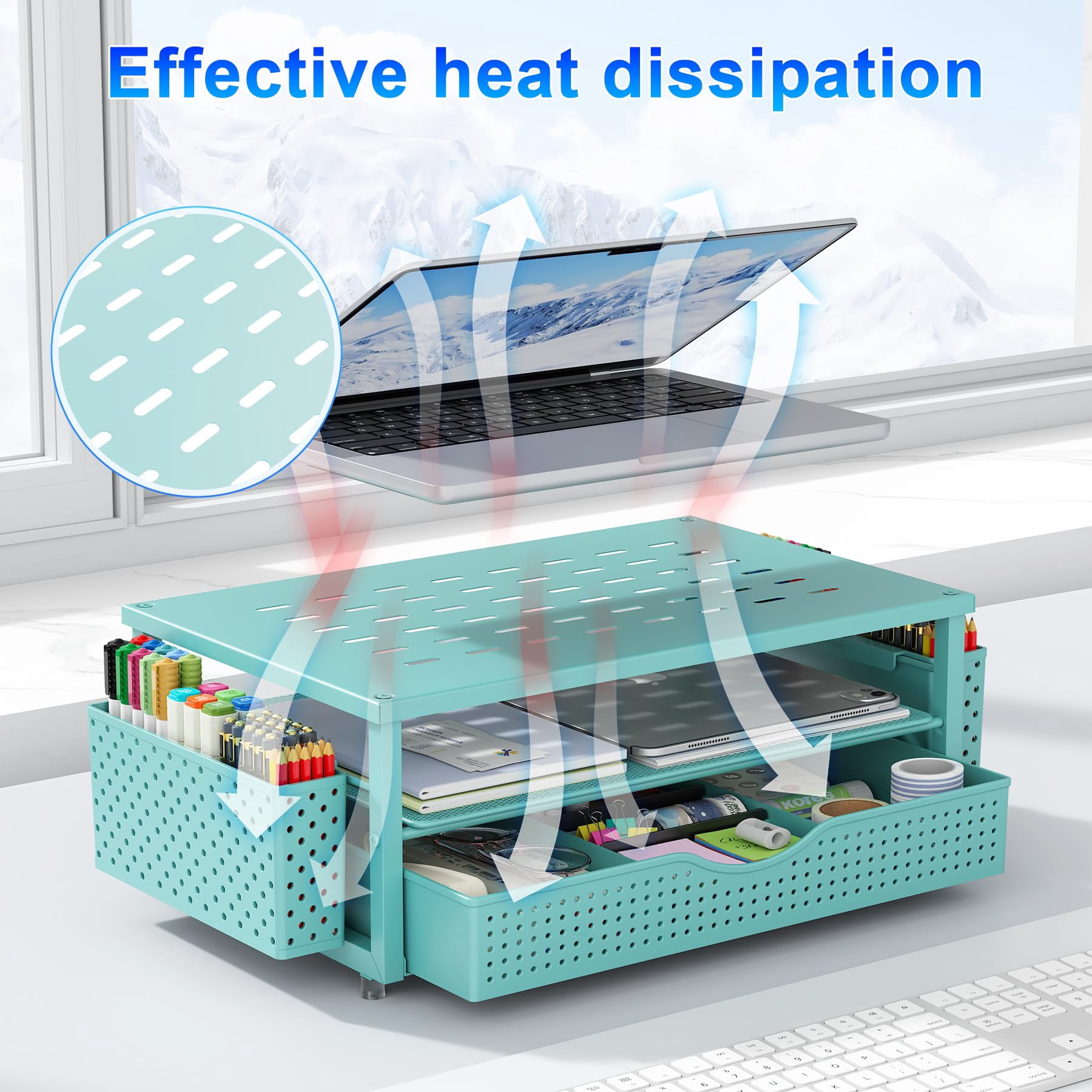 Desk Organizers And Accessories  Monitor Stand With Drawer 2 Pen Holder Desktop Organizer Suitable For Offices Dormitories (blue)