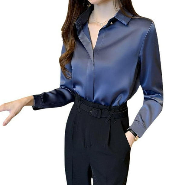 Shirts Women Solid Color Long Sleeve Blouse Office Lady Satin Silk Blouses  Tops Plus Size Clothing Shirts