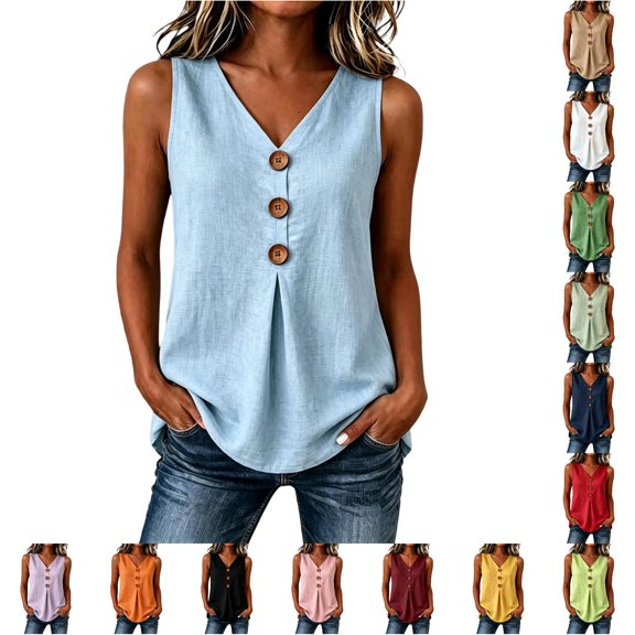 Rggeeun Womens Tank Tops Flowy Vest Solid Color V Neck Wide Strap Front Buttons Elastic Loose Fit Breathable For Summer Yoga Beach Lounging Classic Tops,Blue,Xxxl