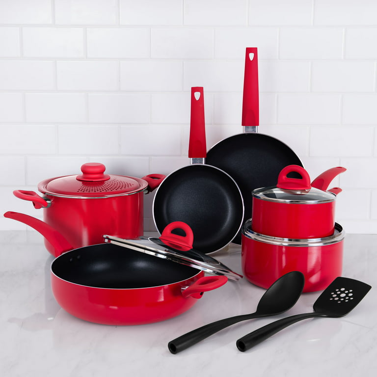 Cooking Light Nonstick Ceramic Pots and Pans Set with Silicone Stay Cool  Handles, Dishwasher Safe, 12-Piece Cookware Set, Red
