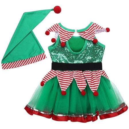 Kids Christmas Holiday Elf Costume Sequined Striped Mesh Dance Leotard ...