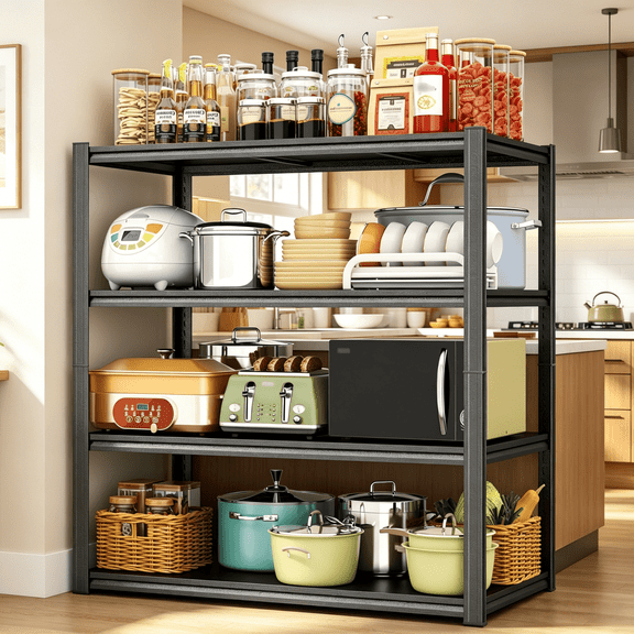 32"W Kitchen Pot & Pan Rack, 44"H 4-Tier Heavy Duty Black Shelving, Adjustable Utility Storage Shelves for Organizing, Ideal for Kitchen, Office, Garage, Pantry