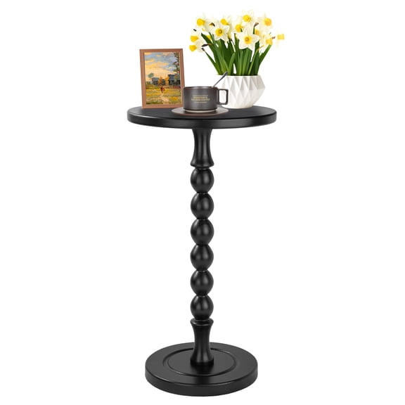 Arikago Round Side Table for Small Spaces, Drink Table with Oak Wood Pedestal, Modern End Table Nightstand for Living Room, Bedroom, Office, and Corners, Tool-Free Assembly, Black