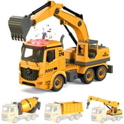 Forty4 Construction Truck Toys for 4 5 6 Years Old Kids, 4-in-1 Take Apart Toys with Electric Drill, 1 Truck and 4 Backs to Swap Out to be Dump, Mixer, Excavator & Crane, Car Toys with Sound & Light