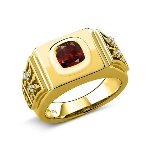 Gem Stone King 18K Yellow Gold Plated Silver Men's Ring Cushion Red Garnet and Moissanite (2.63 Cttw, Size 12)