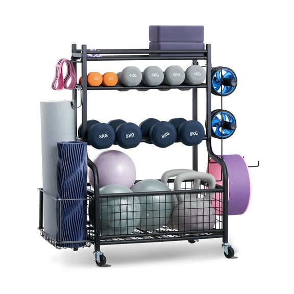 VEVOR Yoga Mat Storage Rack, Powder Coated Finish Steel Yoga Mat Holder, Home Gym Workout Equipment Organizer with Hooks & Wheels, Weight Rack for Foam Roller, Dumbbell, Kettlebell, and Yoga Strap