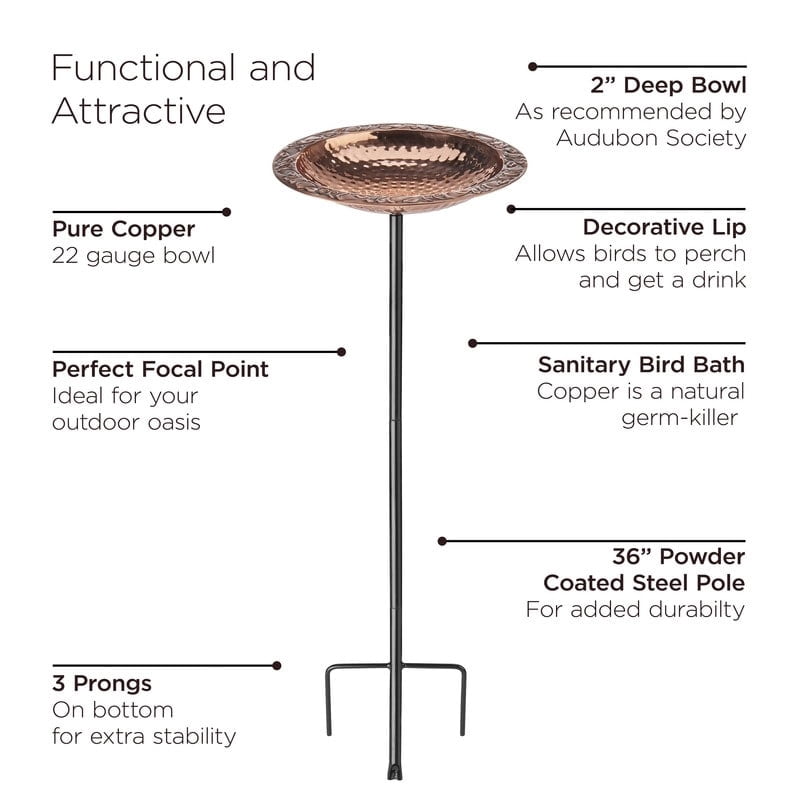 Good Directions Pure Copper Hanging Bird Bath, 13.5” Diameter, Features a Brass Chain, Bird Feeder
