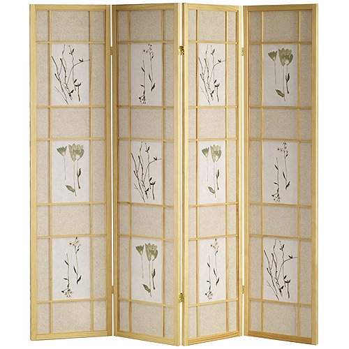 4 Panel Floral Shoji Screen, Room Divider