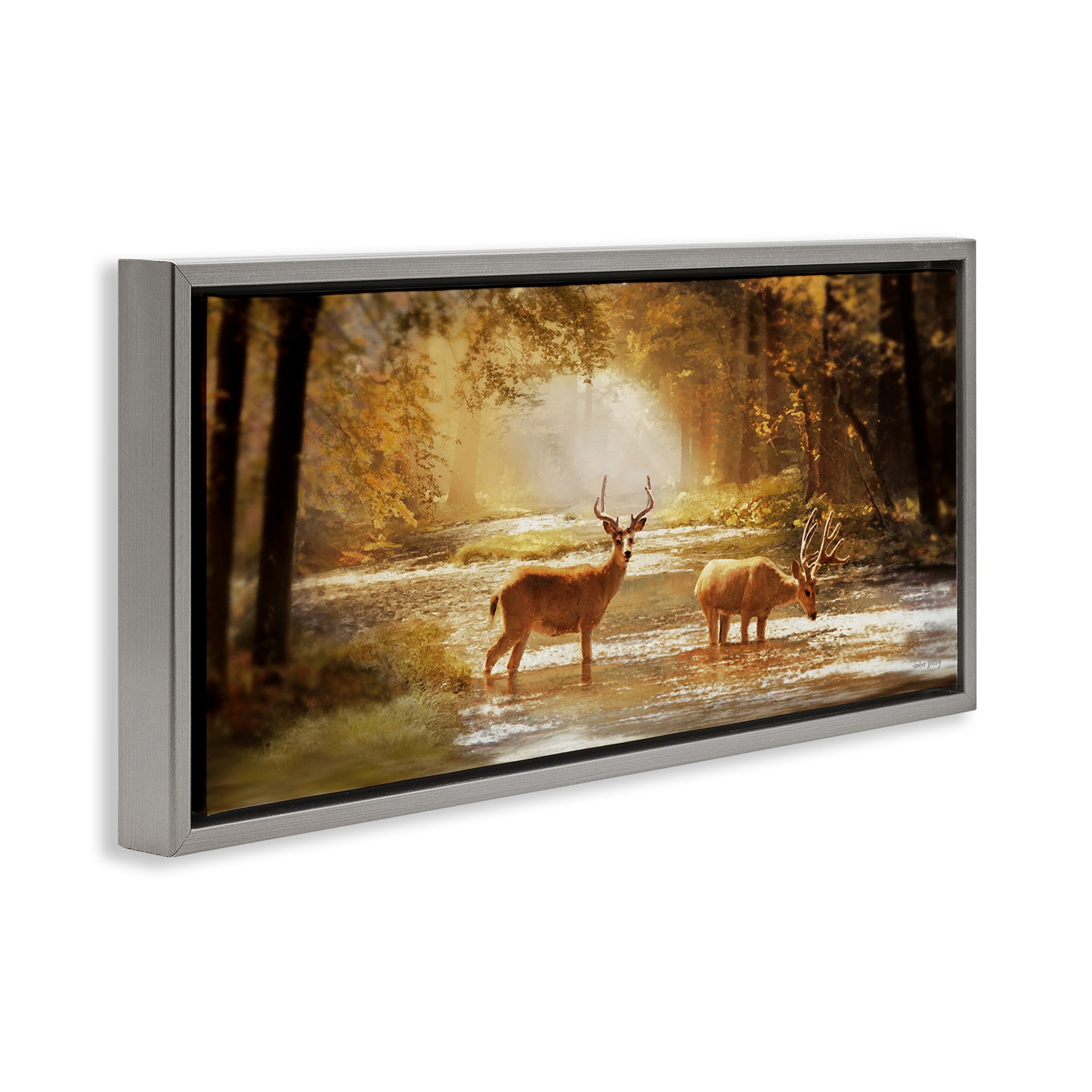 Stupell Industries Deer in Sunlit Grove Landscape Painting Gray Floater Framed Art Print Wall Art, 31 x 14