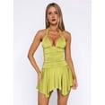 thumbnail image 6 of Women Halter V Neck Mini Dress Flowy Irregular Ruffle Hem Backless Summer Dress Ruched Dresses Fluorescent Yellow S, 6 of 9