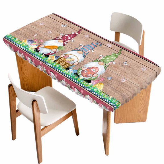 Gnomes Easter Table Cloths for 6 Foot Rectangle Tables, Eggs Tulips Spring Floral Retro Art Wooden Patio Waterproof Elastic Fitted Tablecloths, Washable Rectangular Table Cover for Camping
