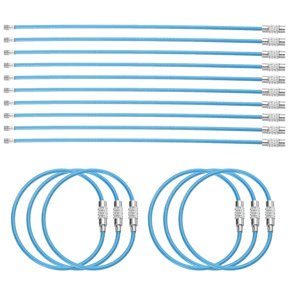 Uxcell 16pcs Wire Keychain Cable 6" Plastic Coated 2mm Stainless Steel Key Ring Cable Loop Rings Blue
