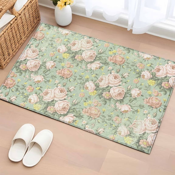 Green Flowers Bathroom Rug Washable 2x3 Entryway Rug Non Slip Farmhouse Botanical Floral Leaves Art Front Door Mat Low Pile Indoor Doormat Throw Floor Carpet for Kitchen Bedroom Entrance