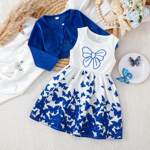 Ulitacool Summer Clothes For Girls Long Sleeve Cardigan With Floral Print Dress Cozy Winter Fall Toddler Baby Retro Crewneck Outfits 2-3 Years Blue