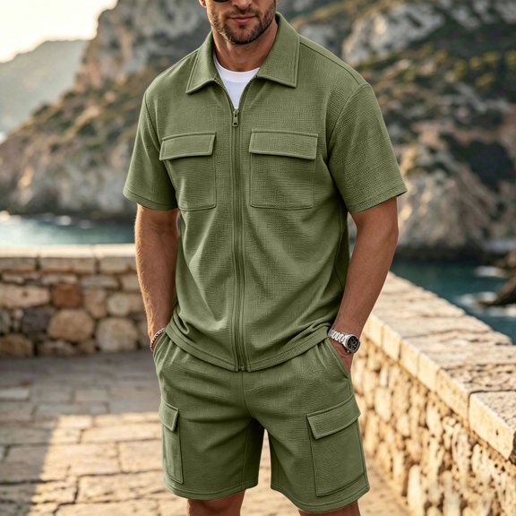 Kalauyu Mens Short Sleeve Zip Up Cargo 2 Piece Outfits Sets Casual Turn Down Collared Shirt Multi Pocket Cargo Shorts Sets