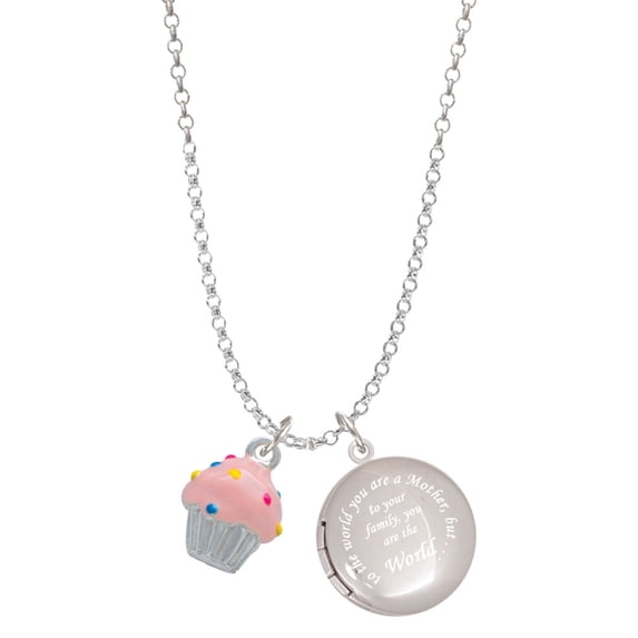 Delight Jewelry Silvertone 3-D Pink Cupcake with Sprinkles To the World You are a Mother Locket Necklace