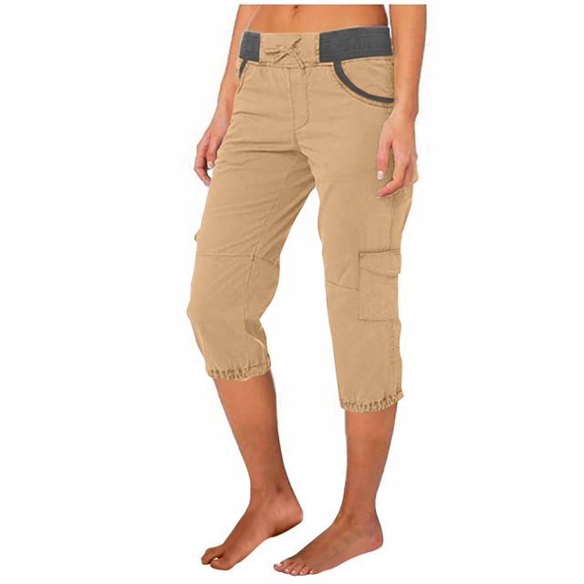 Mgmyaa Pantalons Cargo Décontractés pour Femmes, Couleur Unie, Taille Mi-Haute, Pantalons Raccourcis avec Poignets Rétractables