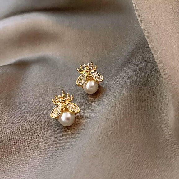 EOEMY Freshwater Cultured White Pearl Insect Cubic Zirconia Pave Stud Earrings