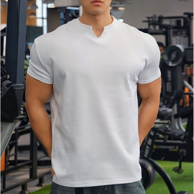pstuiky Camisa de manga corta para hombre, Blusas casuales de verano para hombre, de manga corta, color liso, con cuello en V, holgadas y elásticas, para fitness camisetas de hombre l