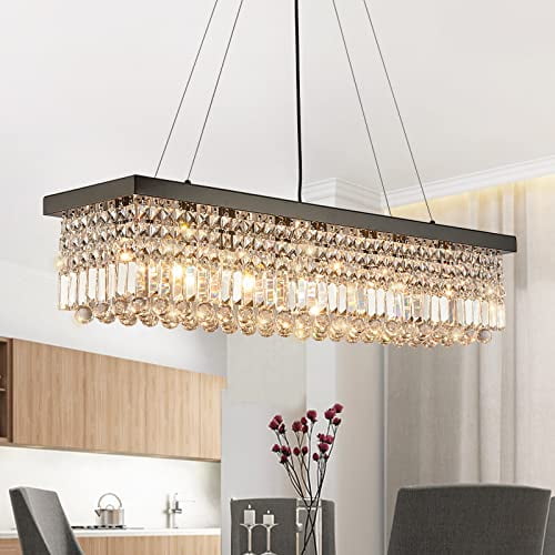 7PM Rectangle K9 Crystal Chandelier Modern Rectangular Pendant Lighting Fixture for Dining Room Kitchen Island Bedroom Black L47'' x W10'' x H10''