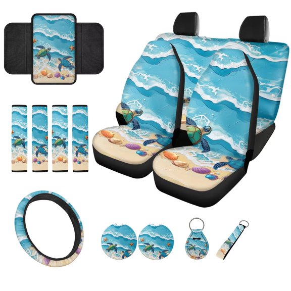Chririnla Sea Turtle Ocean Automotive Seat Cover Full Set Hawaii Front Rear Bench Seat Covers for Most Vehicle Car Accessory,Steering Wheel Cover,Coaster,Center Console Protector