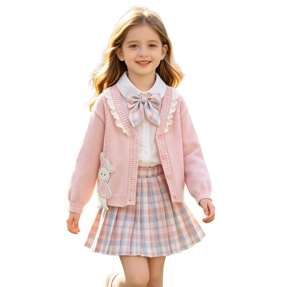 Rggeeun Girls Outfits Back To School Cute Tops Pleated Skirt Ruffle Button Down Shirts & Bow Tie Matching Sets 4Pc Outdoor Elegant,Pink,2-3 Years