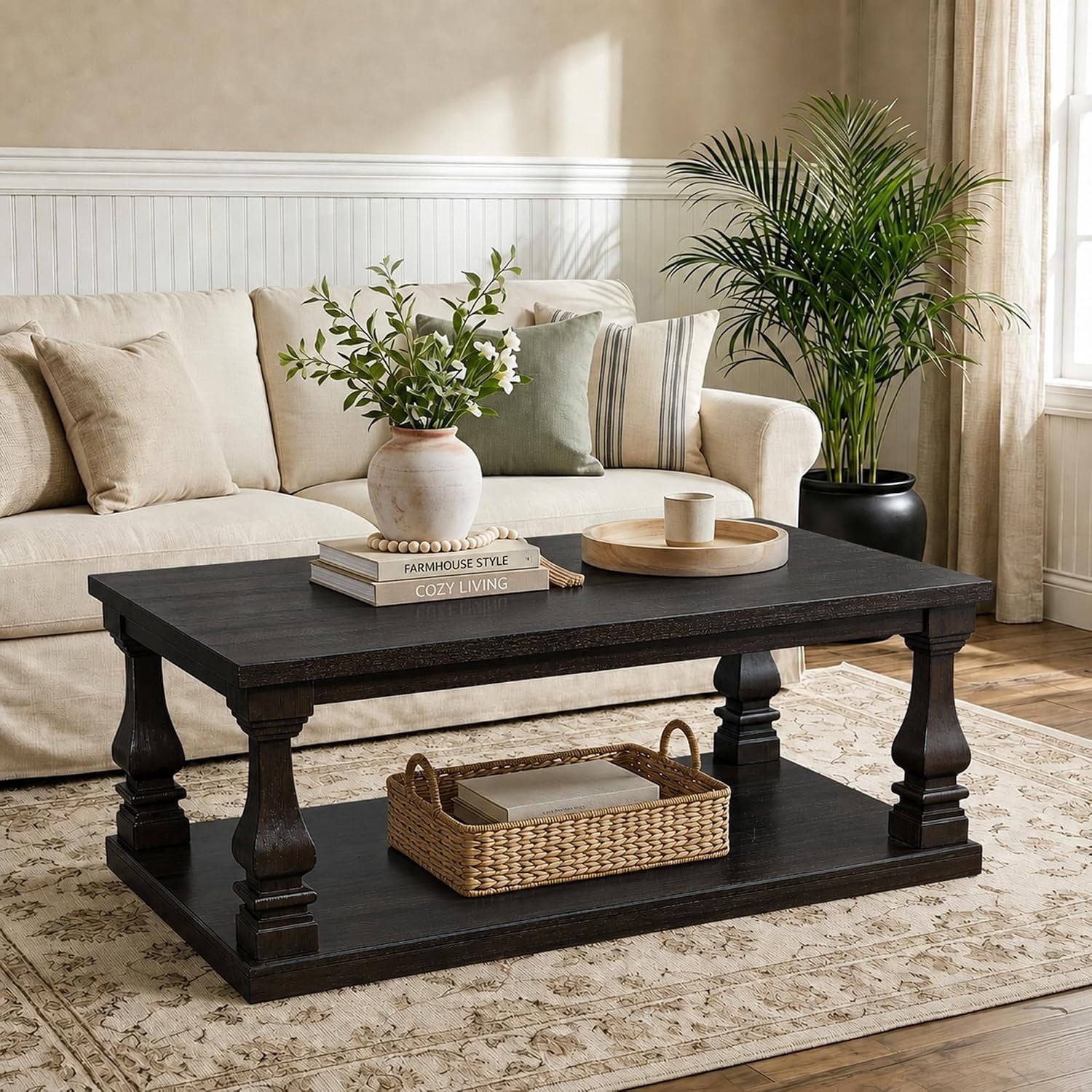 46" Vintage Farmhouse Coffee Table with Storage Shelf, Wooden Center Table with Solid Wood Legs, Rustic Living Room Sofa Table, Espresso