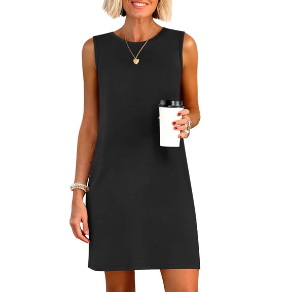 ANRABESS Women's Summer Sleeveless Tank Dress, Crewneck Mini Sundress with Side Slit, Wrinkle-Free Casual Beach Travel Vacation Dress Black Medium