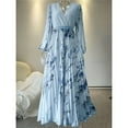 thumbnail image 6 of Women's V Neck Floral Printed Pleated Dress Long Sleeve Flowy A Line Party Maxi Cocktail Dresses Light Blue XL, 6 of 7